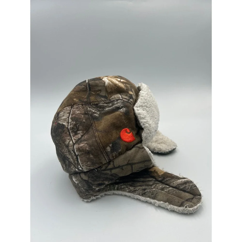 Carhartt Infant Toddler RealTree Camo Sherpa Lined Trapper Hat Brown Orange Logo